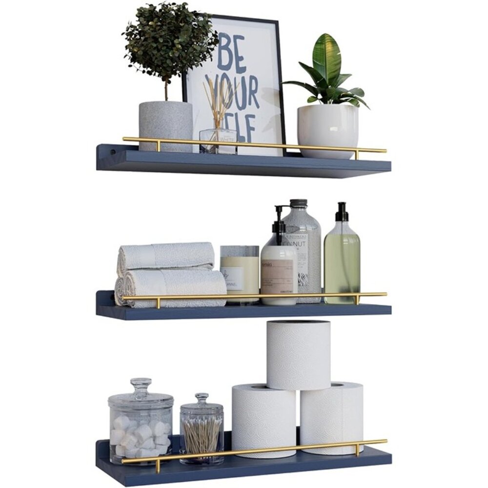 New Floating Wall Shelves Set of 3 Gold Metal Guardrail Decor for Bedroom